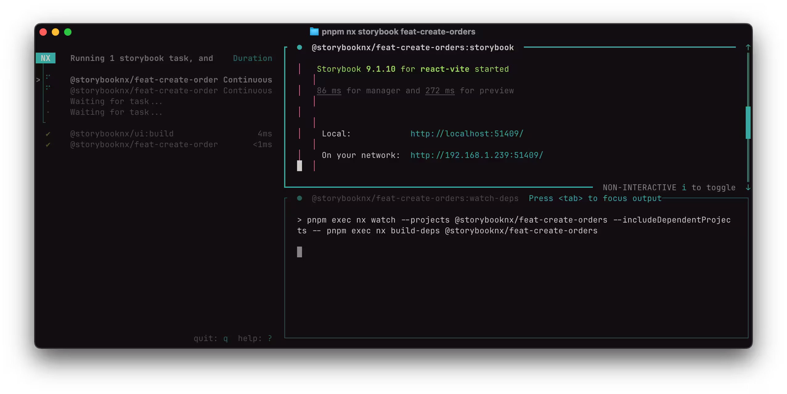 Nx TUI showing the storybook run and watch in 2 panels